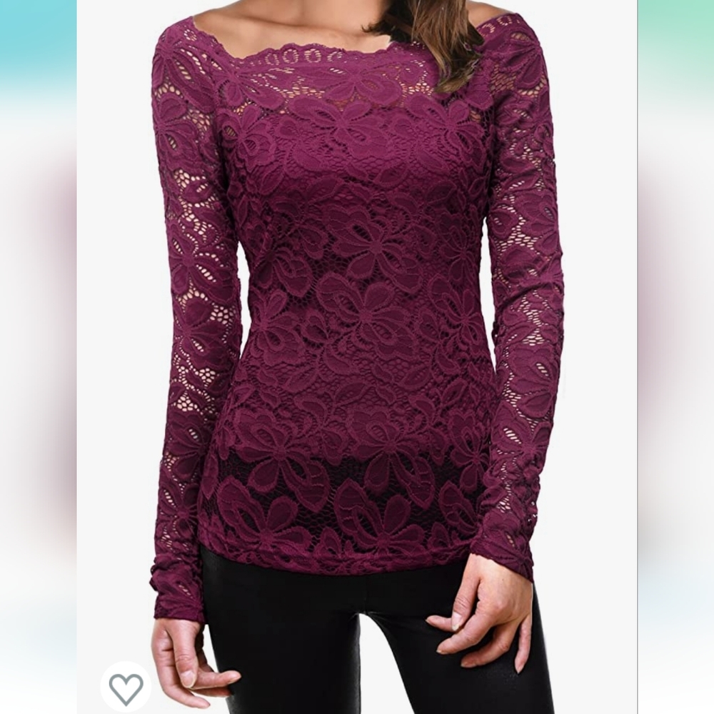 DJT Womens Boat Neck Floral Lace Raglan Long Sleeve Shirt Top